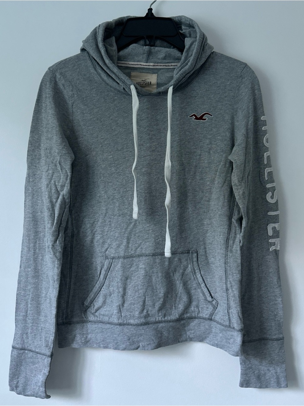 Hollister Women's Gray Pullover Hooded Shirt Size L Logo Stretch Lightweight